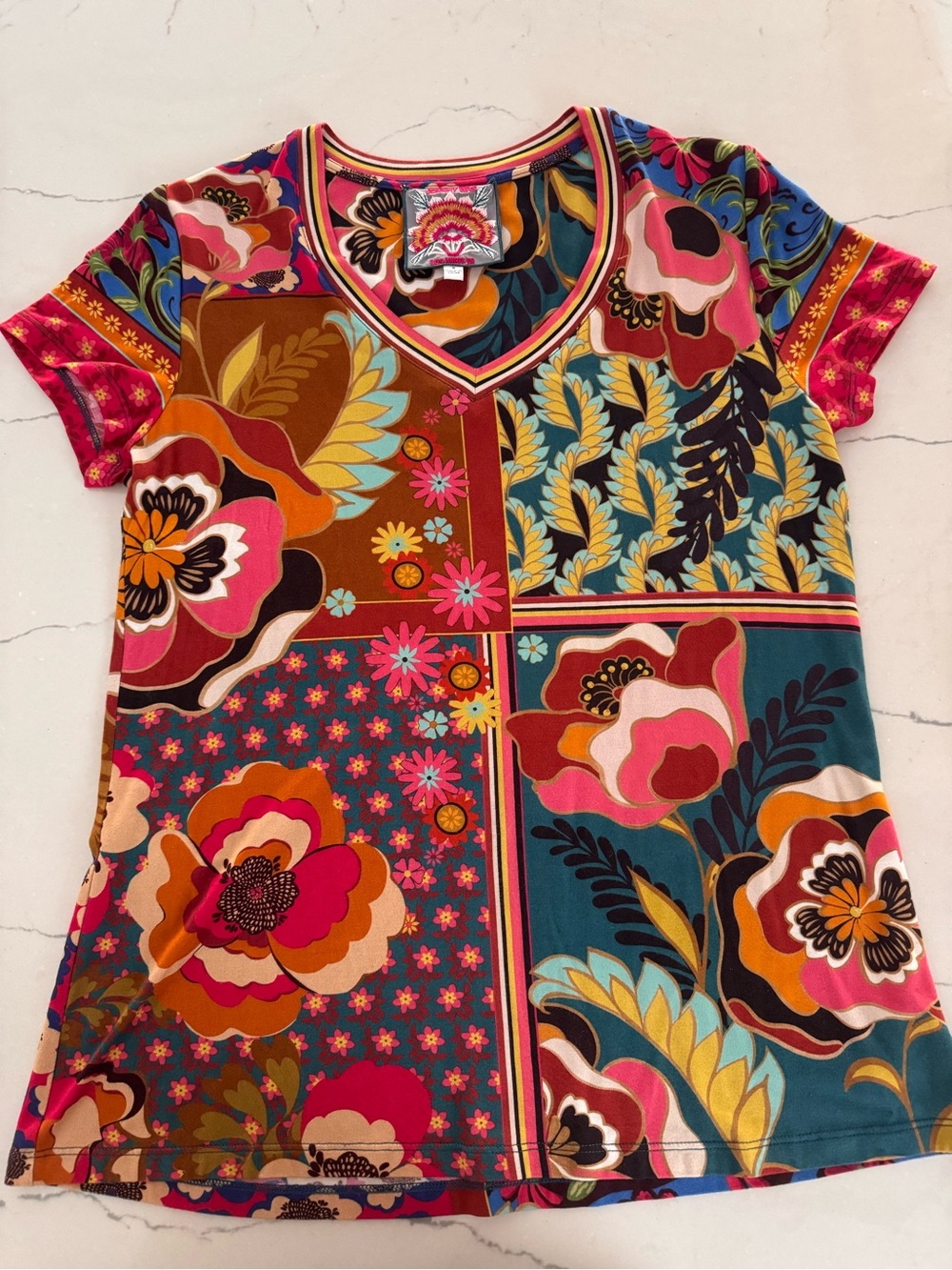 Johnny Was Multicolor Floral Patchwork V-Neck Tee